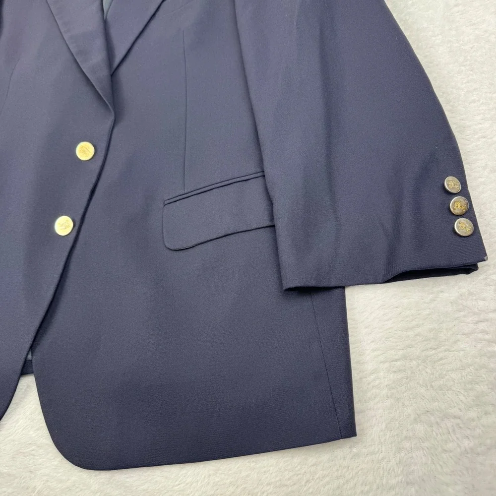 Burberrys Wool Blazer Mens 46 Navy Blue Gold Crest Button Vintage Sport Coat